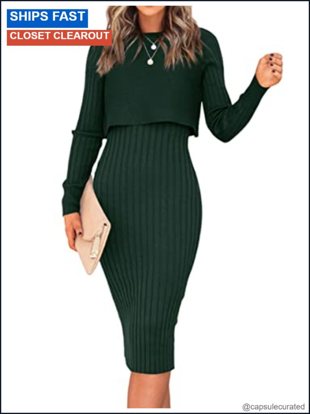 Women's 2 Piece Ribbed Knit Sweater Dress Set Long Sleeve Crop Top Tank Bodycon